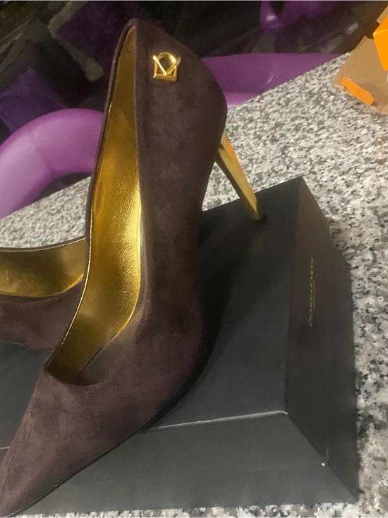 Donna Karan Shoes - Donna Karan Dark Brown Suede Pointed Heel with Gold Accents
